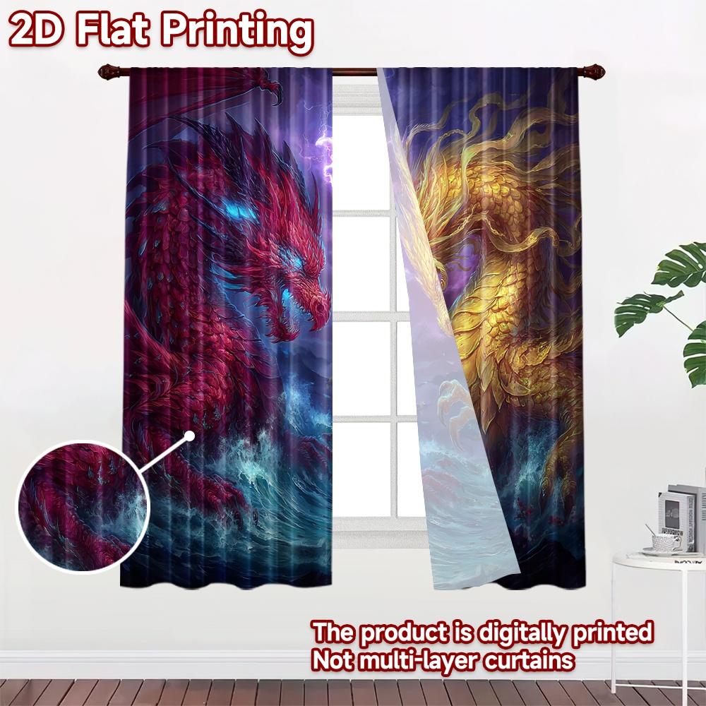 2D Flat Printing 2pcs Curtain Curtains Epic Dragon Battle Scene Digital Printed Polyester Drapes Party Decorations for Indoor