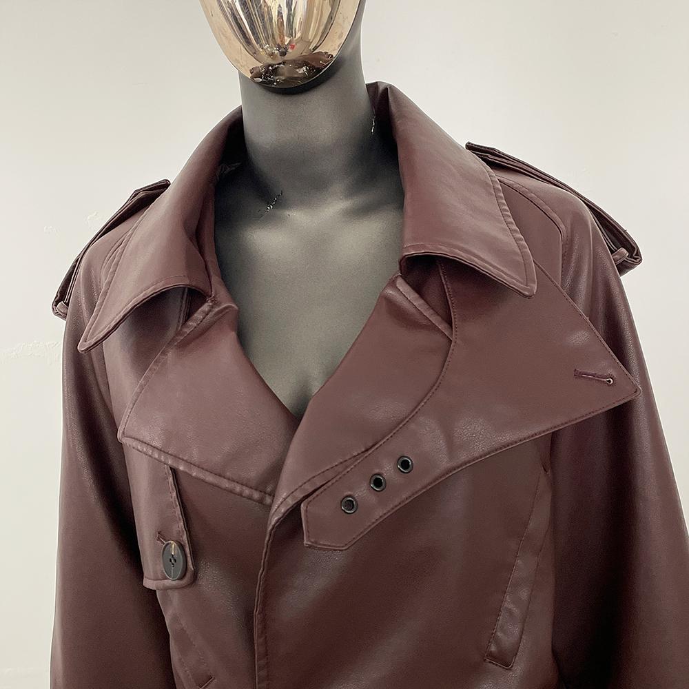 OFTBUY Dámská vintage volná krátká bunda z umělé kůže s páskem na motorku, dámská retro moto bikerská bunda, svrchní prádlo, topy