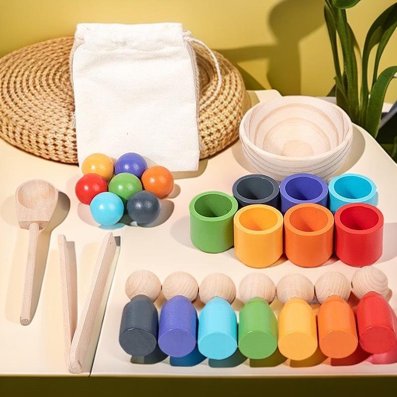 Montessori Wooden Color Sorting Bead & Cup Toy for Early Education