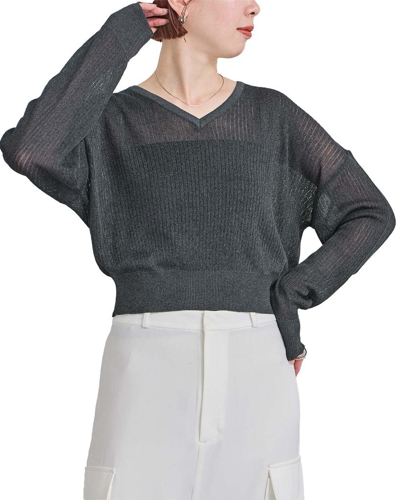 Yours Sheer Rib Knit BFXU1820 Medium Charcoal V-Neck Lamé Women's