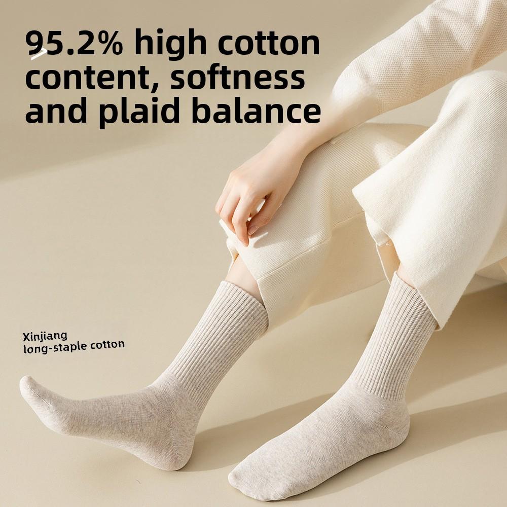 5 Paar Socken Damen Frühling und Herbst Mittelhoch Ohne Naht Schweißableitend Antibakteriell und Deodorant Weiß Baumwolle Lange Socken Sportsocken