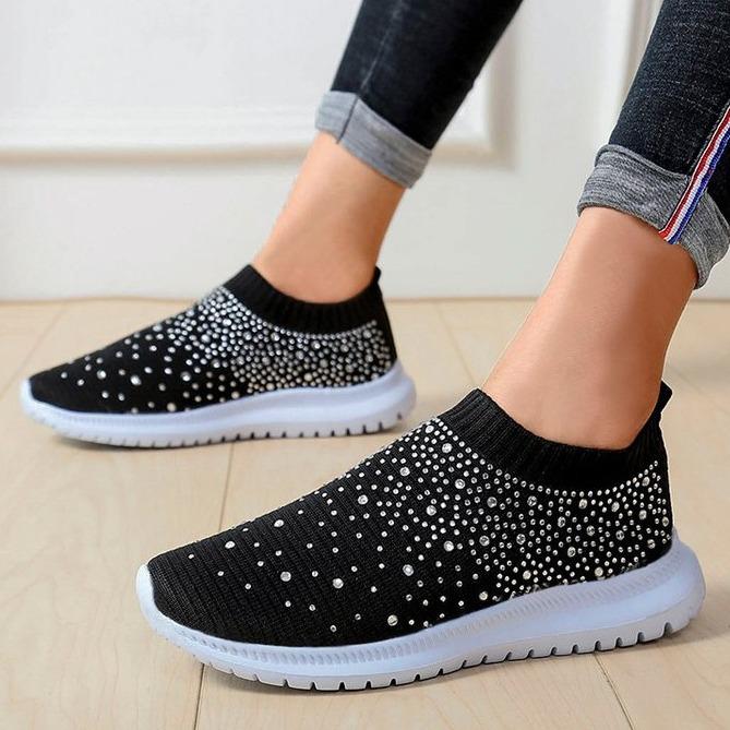 2025 new casual breathable rhinestone running shoes large size flying woven shoes mesh women's trend sports shoes