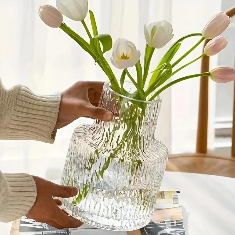 Ripple Textured Glass Vase, Clear Ice Pattern Flower Vase for Home Decor, Modern Minimalist Floral Arrangement Vase