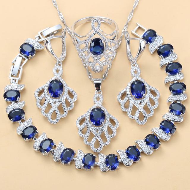 

Синие украшения с драгоценными камнями, подвеска, серьги, ожерелье и кольцо, женский комплект No. 10
