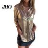 Slimming Shirt Women Tops Lapel Long Sleeve Loose Fit Suede Casual Versatile with Patch Pocket Single Breasted Bright Color Button-up Blouse