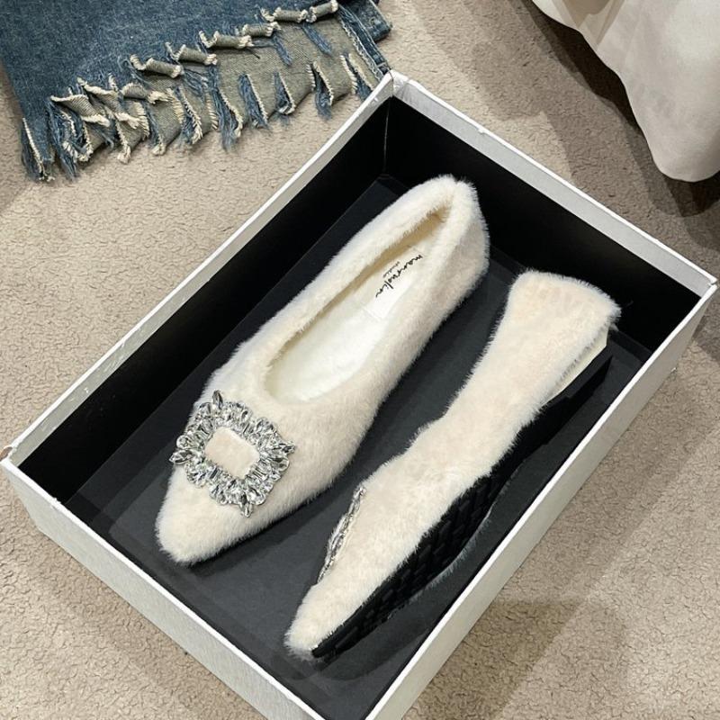 Damen flache Schuhe Winter Elegant spitz Plüsch Sexy niedriger Absatz flauschig Freizeitschuhe Bequem Outdoor Strass Modeschuhe