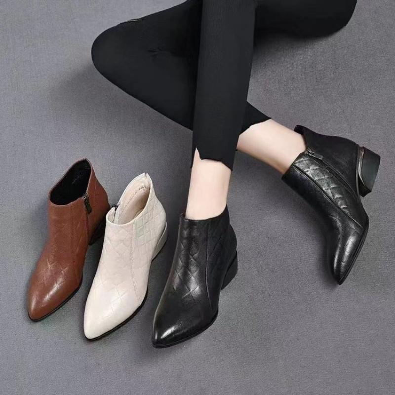 New Women'S Pointed Toe Low Heel Ankle Boots - Side Zip Soft Leather Fashion Booties Autumn Winter Comfortable Short Boots