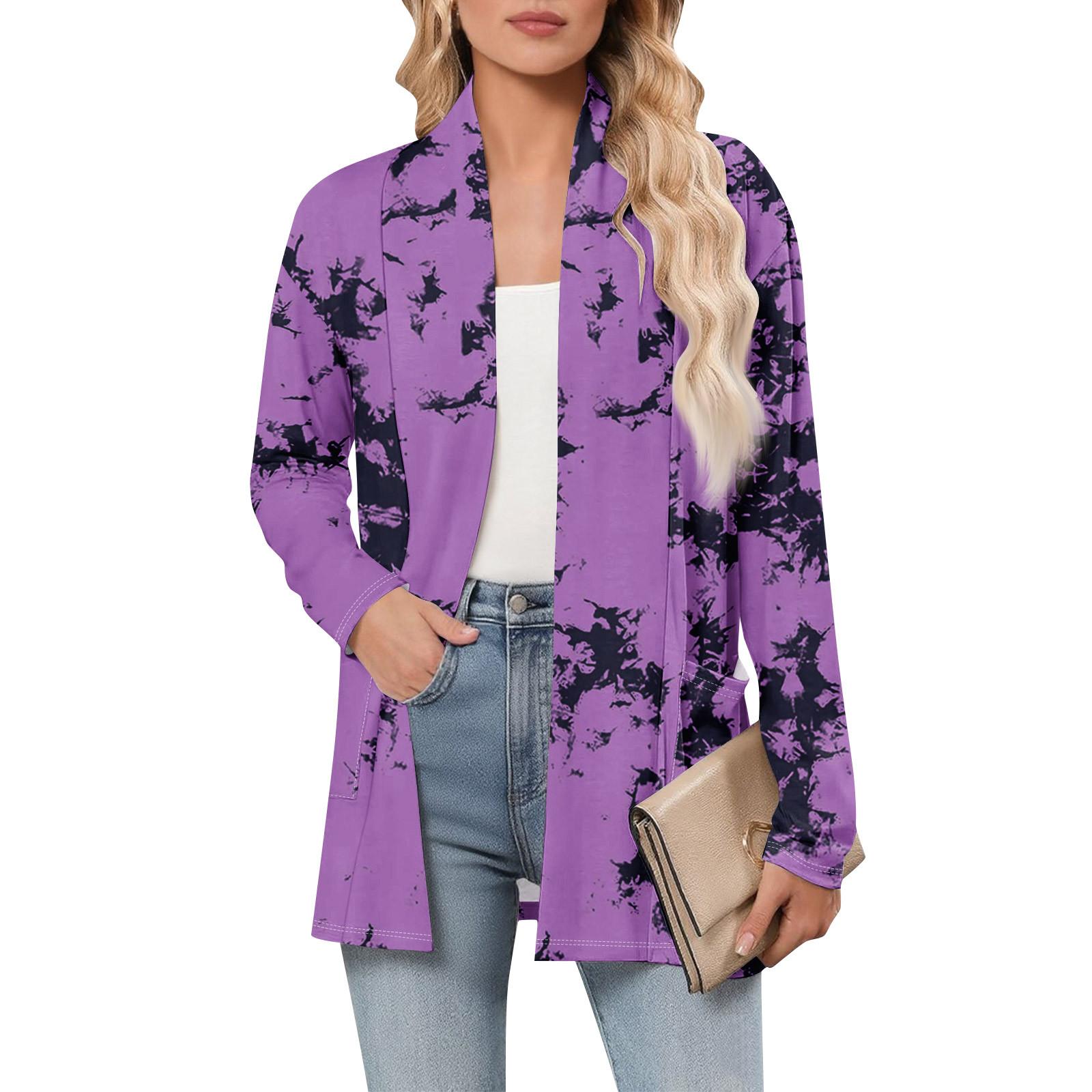 

Women s Long Sleeve Cardigan V Neck Fashion Printed Shirt Lightweight Casual Loose Thin Cardigans With Pockets XXL фіолетовий