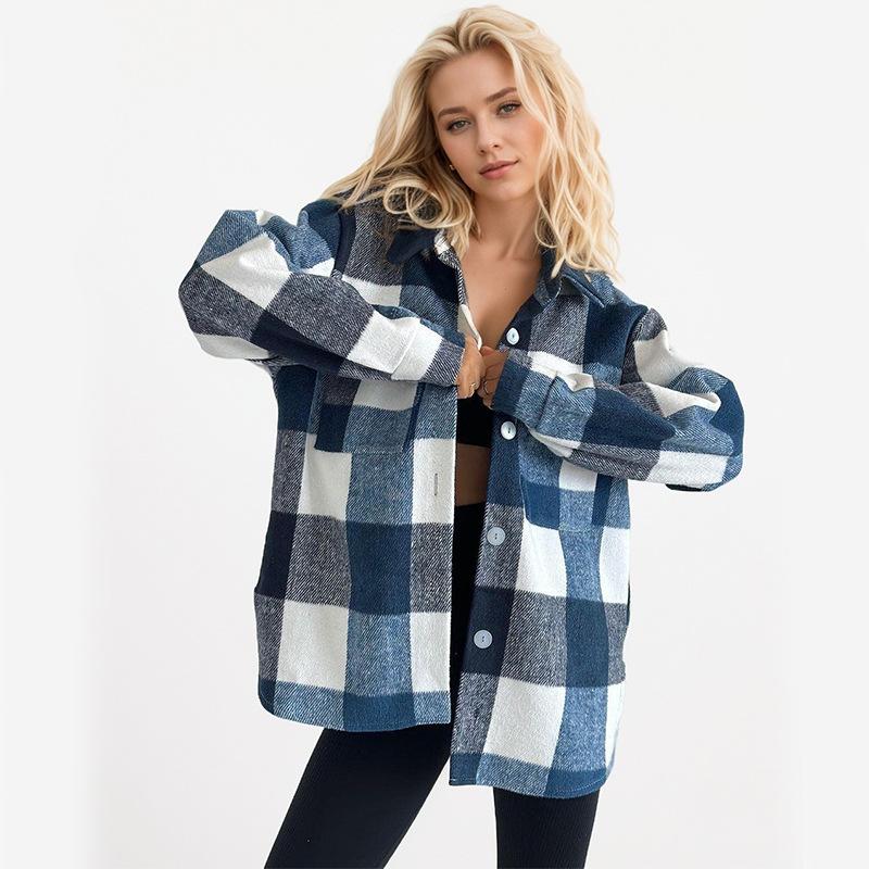 

Осенняя женская свободная куртка с длинными рукавами и принтом в клетку с лацканами L синий
