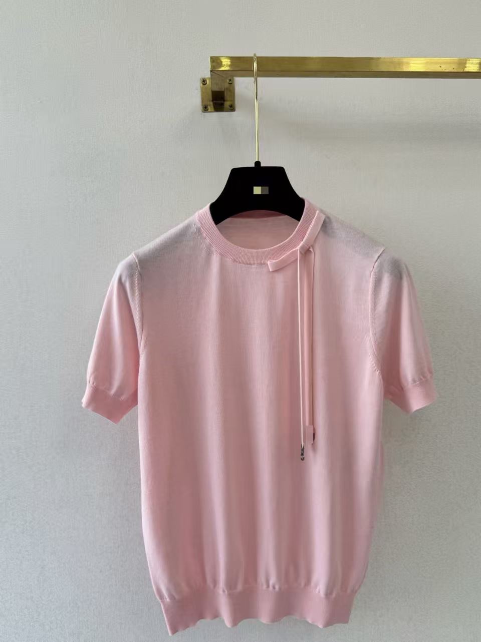 2026 spring and summer new south oil bow wind pink short-sleeved knitted sweater women s summer round neck drawstring knitted top S розовый