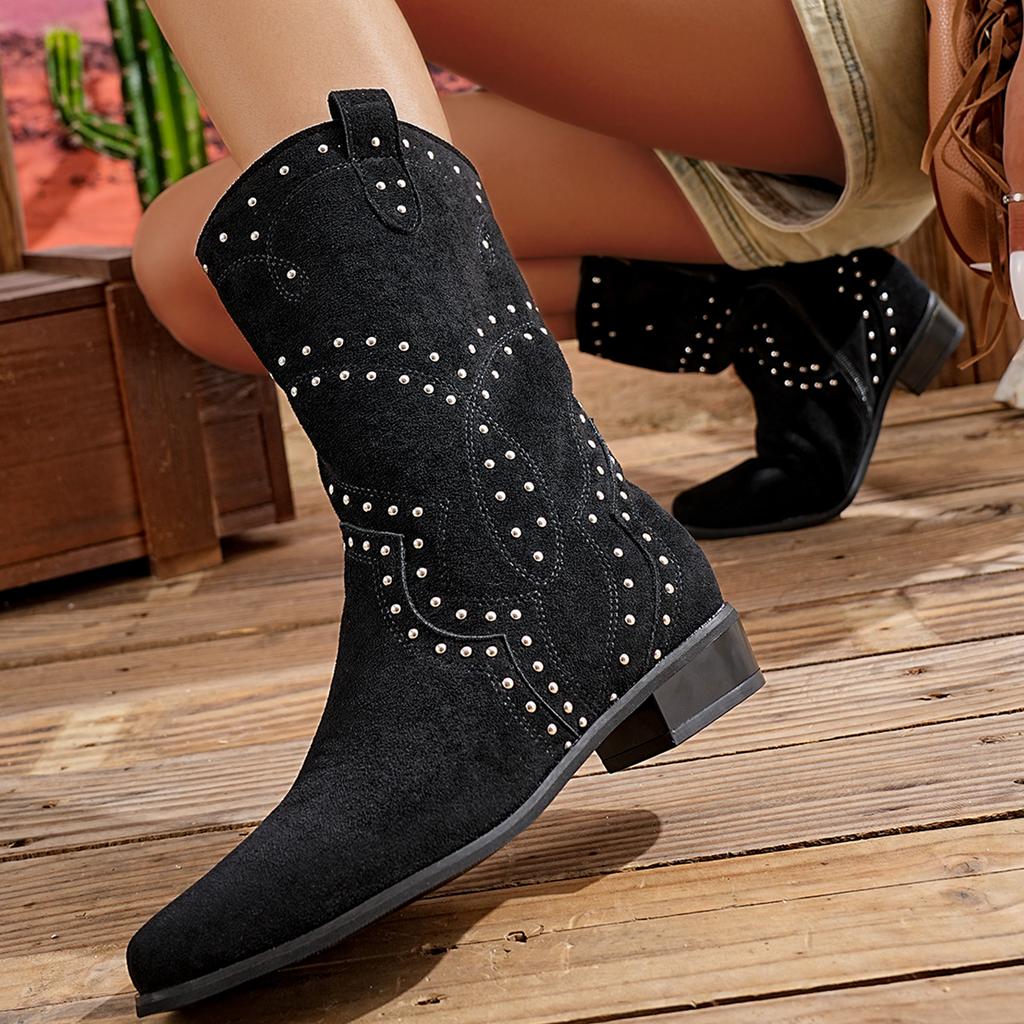 Fashion Fashion Short Boots Women 2025 Autumn/Winter New Retro Rivet Short Leg Pants Boots Western Denim Chunky Heels Fashion Boots