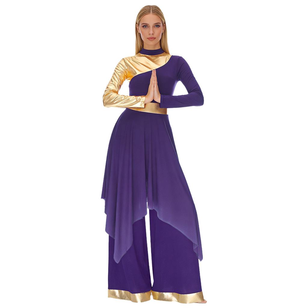 S-XXL Womens Worship Praise Dance Costume Long Sleeve Asymmetrical Hem Dress and Wide Leg Pants Contrast Color Dancewear Outfits