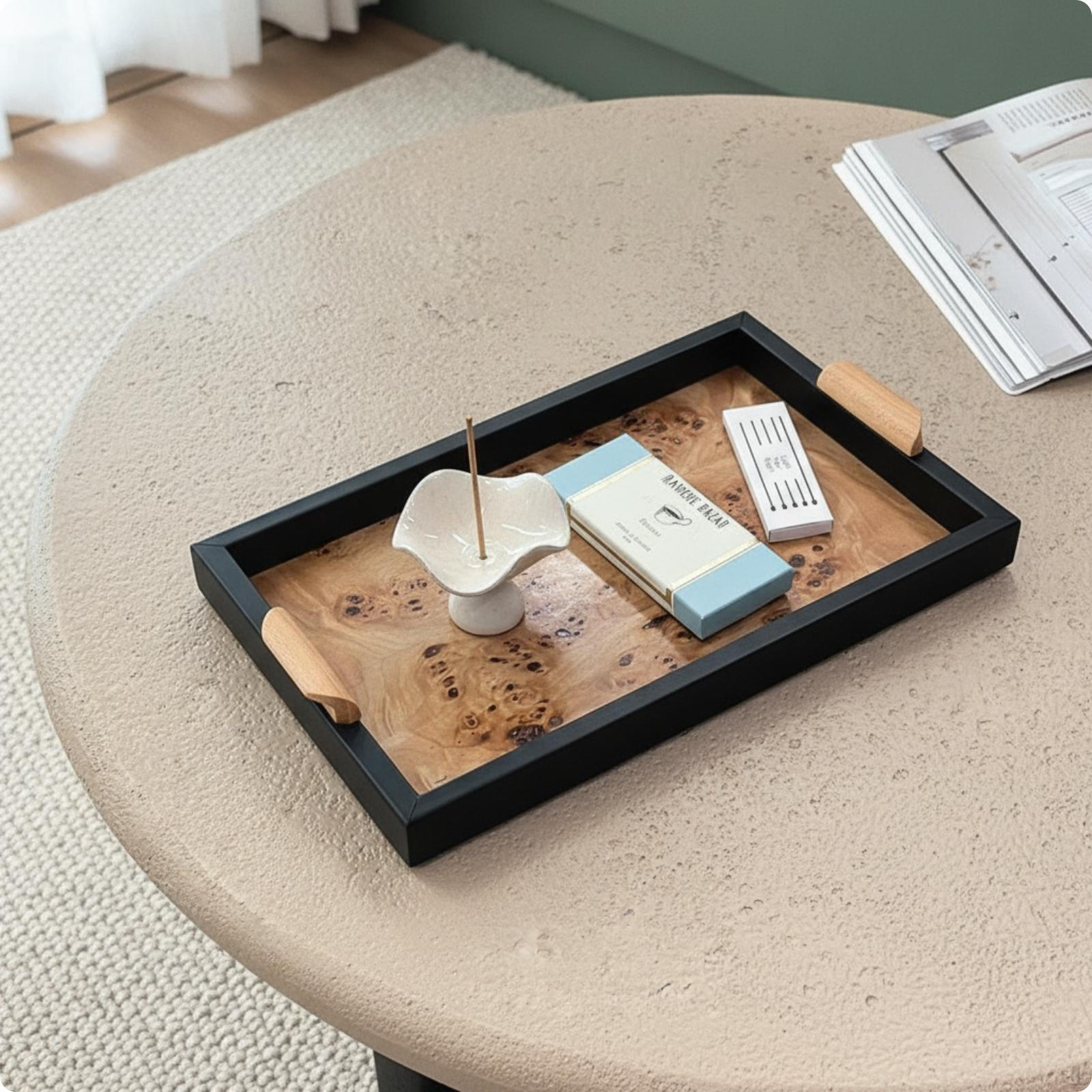 Rectangular Wood Tray Black Frame Raised Sides Desk Organizer for Living Room with Handle