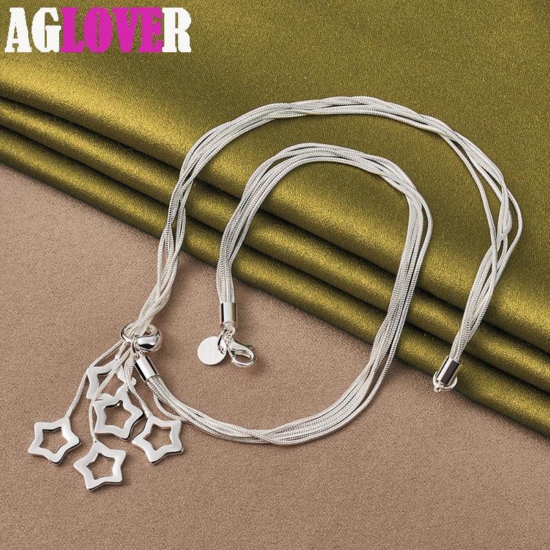 925 Sterling Silver Five Star Pendant Necklace 18 Inch Snake Chain Jewelry