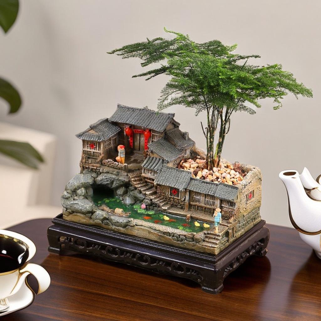 Retro Farmhouse Courtyard Miniature: Nostalgic Desktop Bonsai Decor for Living Room