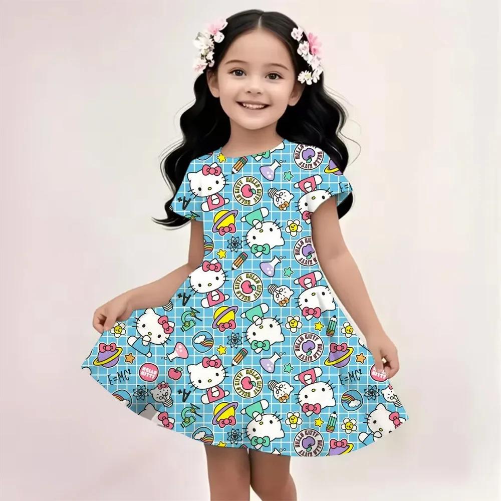 Sanrio New Summer Girls Dress Hello Kitty 3D Printed Fashionable Cartoon Cute Princess Girls Clothes Skirt Party Boys Kitty Cat