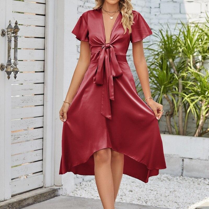 Summer V-neck Satin Sexy Red Dress Women Elegant Lace-up Bow Short