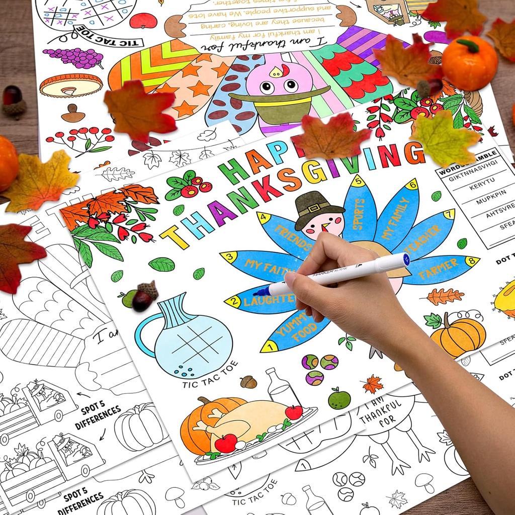 Thanksgiving Coloring Placemats for Kids 16PCS Fall Paper Placemats for Kids to Color Thanksgiving Paper Table Mats for Thankful Craft Activity