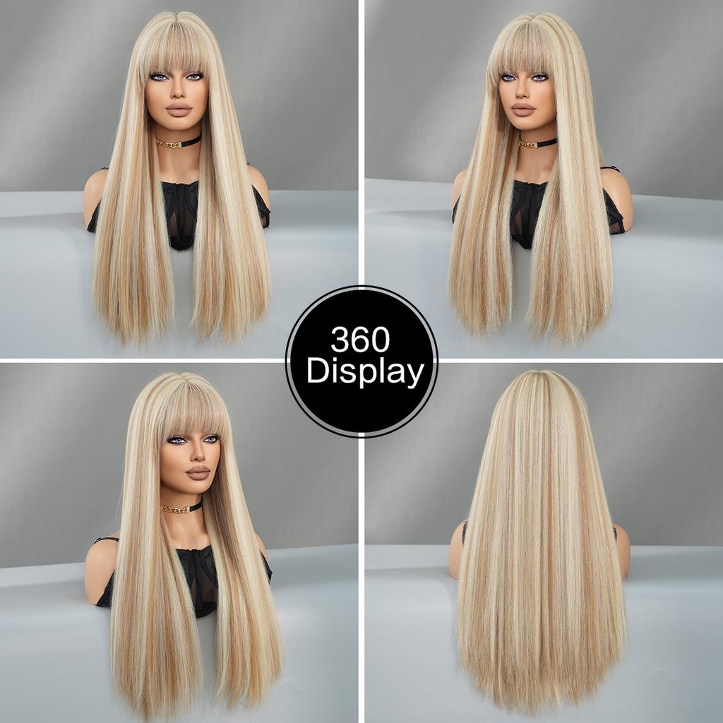 Long Straight Light Blonde Wig For Women Daily Party Highlight Brown Synthetic Layered Hair Wigs With Bangs Halloween Cosplay