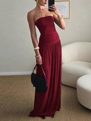 Women's Summer Sleeveless Dress Fashionable Slim Fit Pleated Dress Casual Solid Color Ladies' Dress