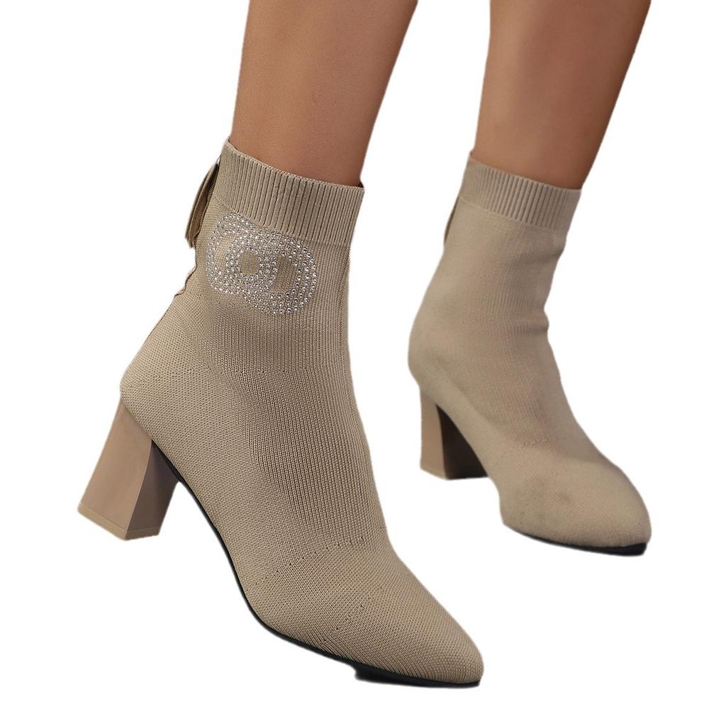 Large size pointed fashion short boots women's 2025 spring and autumn new knitted high heels women's boots thick heel thin elastic boots women