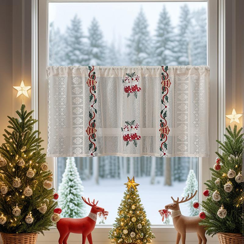 American Christmas Curtain Finished Bell Christmas Theme Embroidered Lace Door Curtain Rectangle Beautification Decorative Coffee Curtain