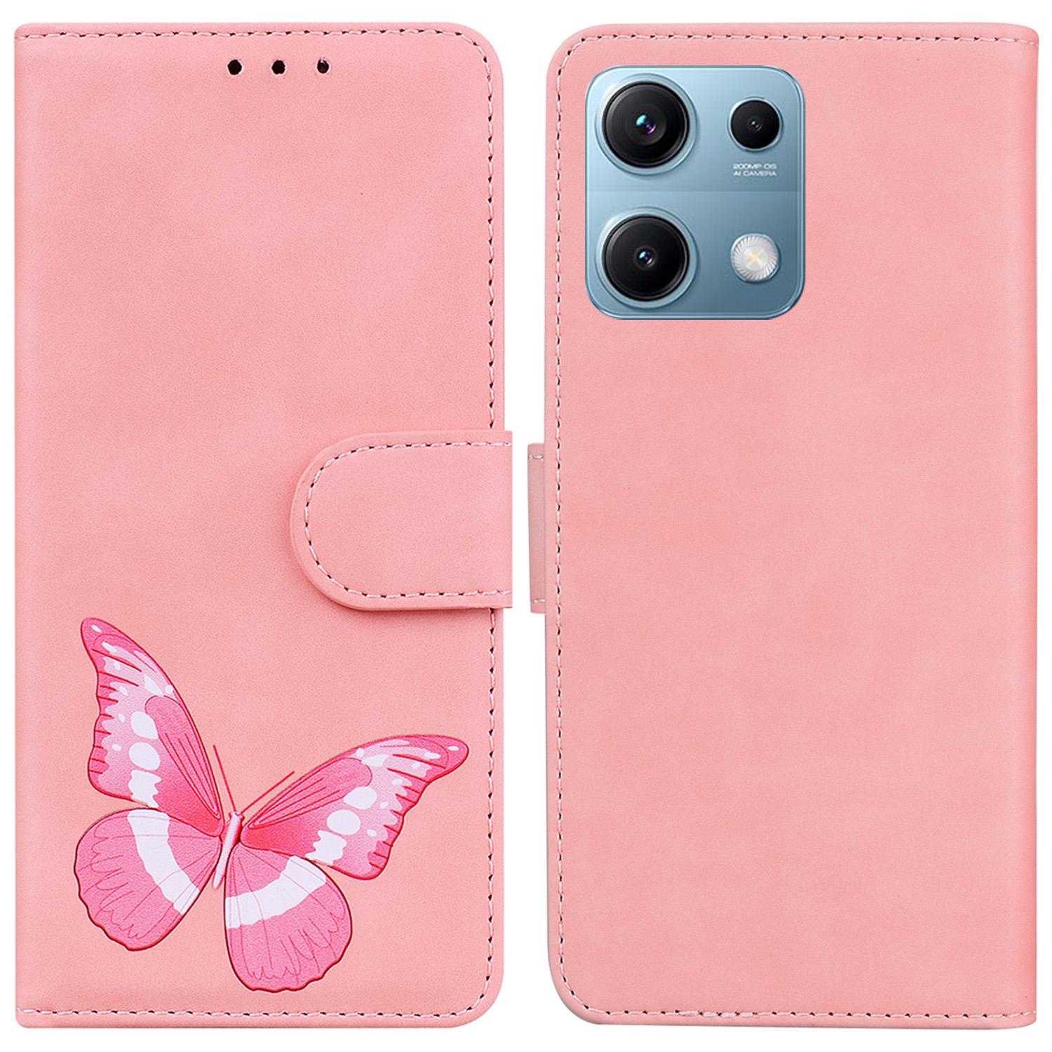 

For Xiaomi Redmi Note 14S 4G Stand Case PU Leather Phone Cover Butterfly Printed Pink