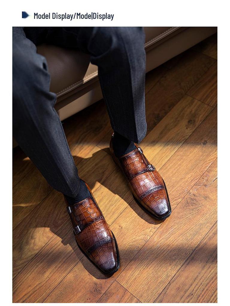 Men's Genuine Leather Slip-On Monk Shoes - Square Toe Business Casual
