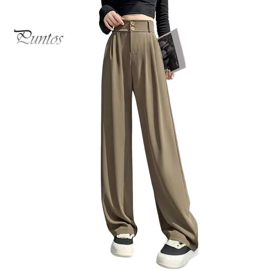 Women Pants High Waist Straight Wide Leg Trousers with Pockets Button Zipper Fly Solid Color Loose Fit Suit Pants Work Wear