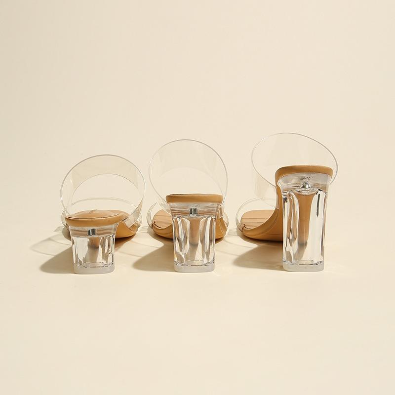 Transparent one-word strap sandals simple crystal heel high heel sandals niche design sheepskin transparent strap slippers