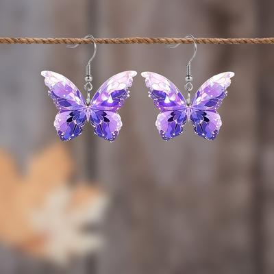 2D Flat Purple Colored Butterfly Element Acrylic Material Dangle Drop Earrings Lightweight Colorful Earrings for Women Jewelry Gifts