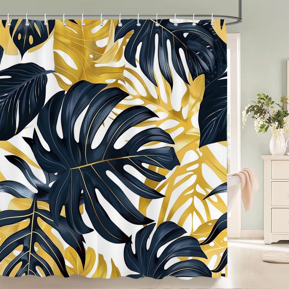 1Pcs Tropical Plants Black and Gold Leaves Printed Fabric Waterproof Shower Curtain, Bathroom Decoration Curtain, with Hooks