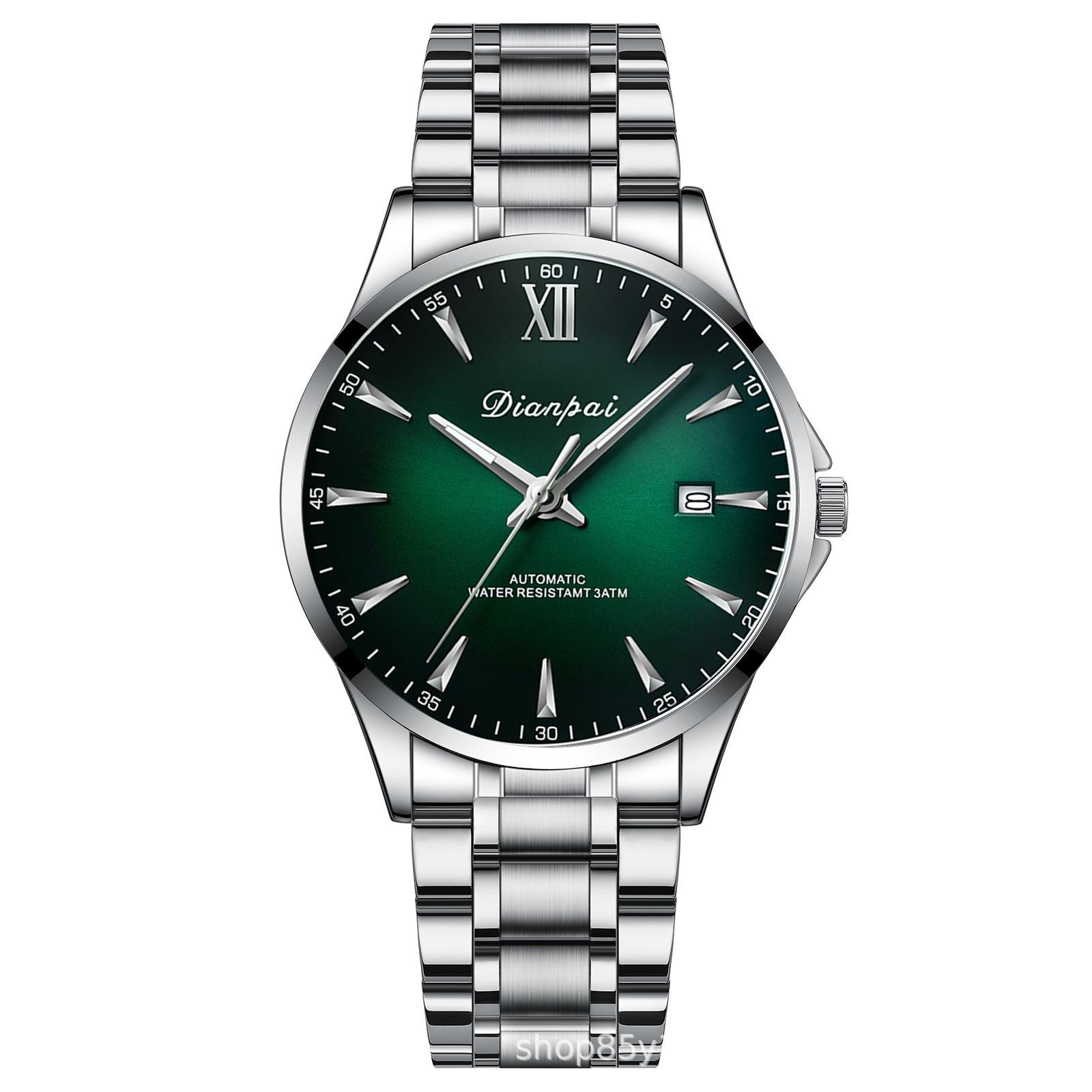 Dian Pai Luminous Waterproof Men s Stainless Steel Automatic Wristwatch with Calendar зелёный