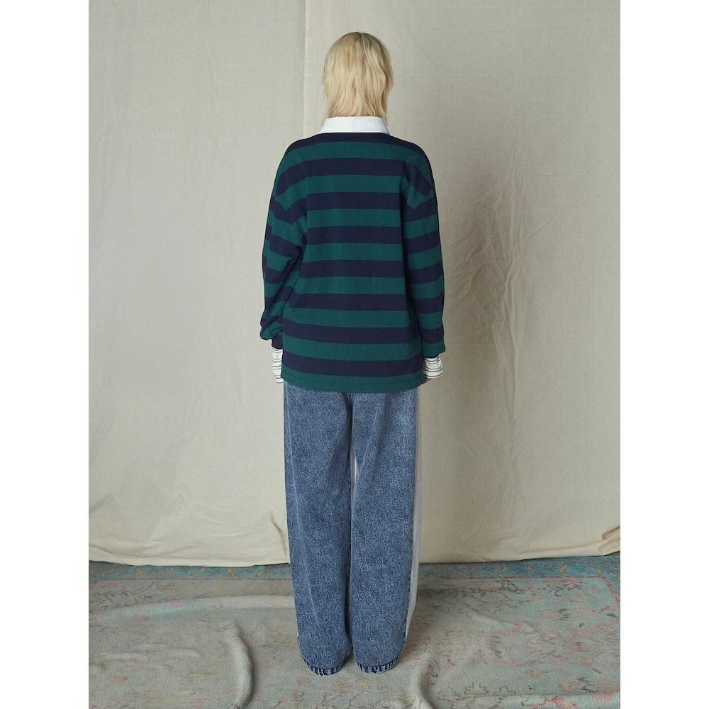 Saendeusaundeu Bold Stripe Long Sleeve Polo Tshirt Green