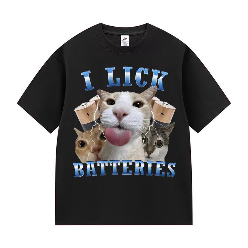 

I Lick Batteries Funny Cat Meme Tshirt Men s Women Kawaii Cat Lover Gifts T-shirt Summer O-Neck High Quality Male Cotton T-shirt S разноцветный