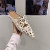Xiaoxiangfeng woven breathable half slippers heightened flat-soled Muller shoes 2025 summer new bow hollow one-word drag