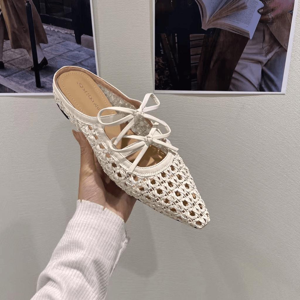 Xiaoxiangfeng woven breathable half slippers heightened flat-soled Muller shoes 2025 summer new bow hollow one-word drag