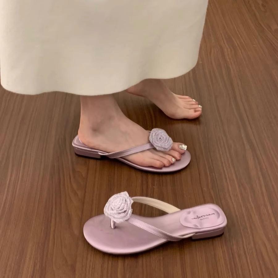 Fashion Rubber Flip Flops Flower Low Hawaiian Floral Fabric PU Hoof Heels Low Rubber Flip Flops Flower Hawaiian Fabric Hoof Heels Floral