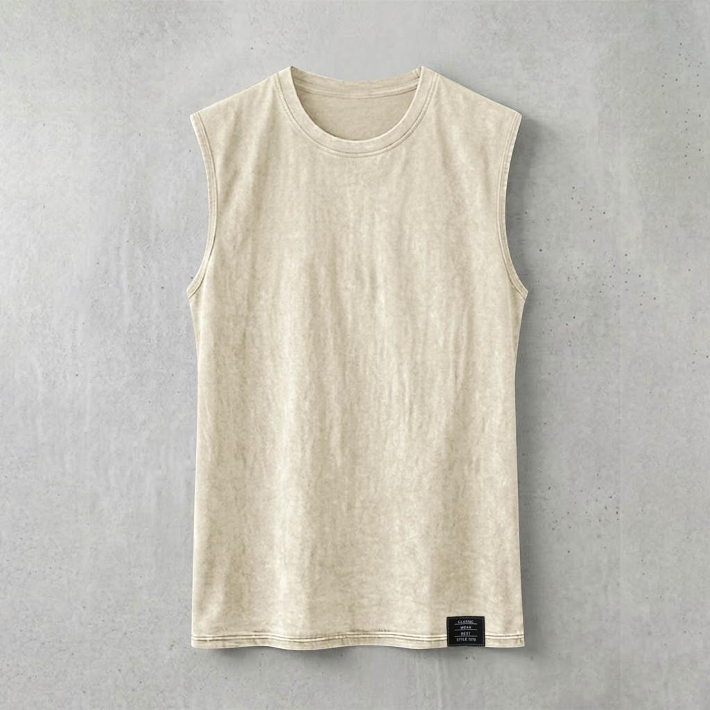 Maglietta da uomo vintage lavata a girocollo senza maniche, vestibilità casual comoda, tessuto morbido, stile classico