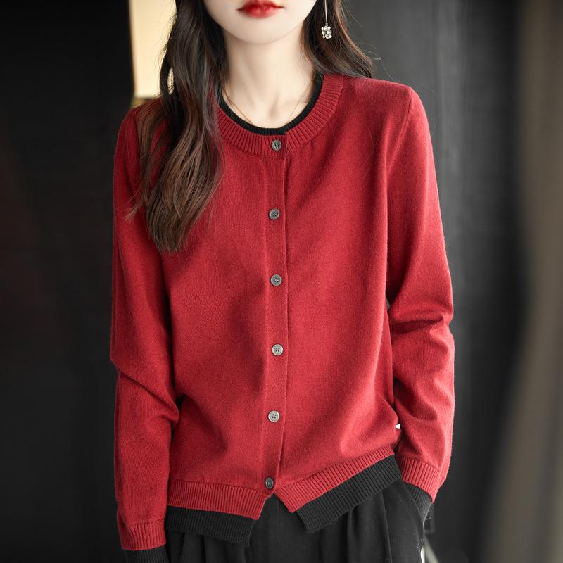 GMXIA Colorblocked Knit Cardigan Jacket Niche Knit O-Neck Tops Outerwear