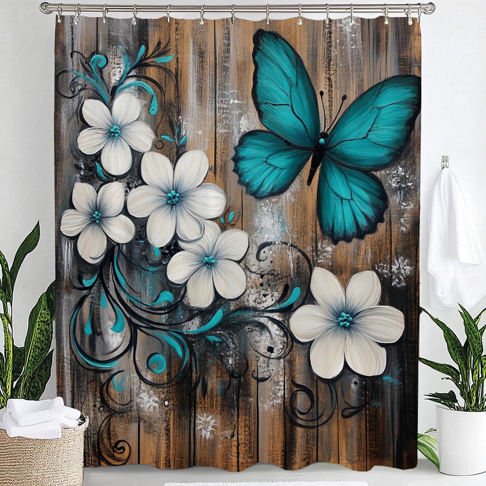 Flowers and Blue Butterflies on the Board Shower Curtain, Bathroom Decorative Shower Curtain, Printing Shower Curtain with Hooks 90x180cm-35x70in