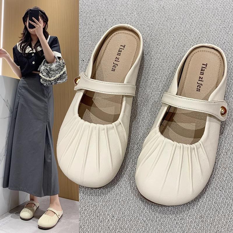 Soft Bottom Pleated Baotou Half Slippers Women's Spring and Summer Outer Wear New One-pedal Evening Breeze Flat Bottom Cool Slippers