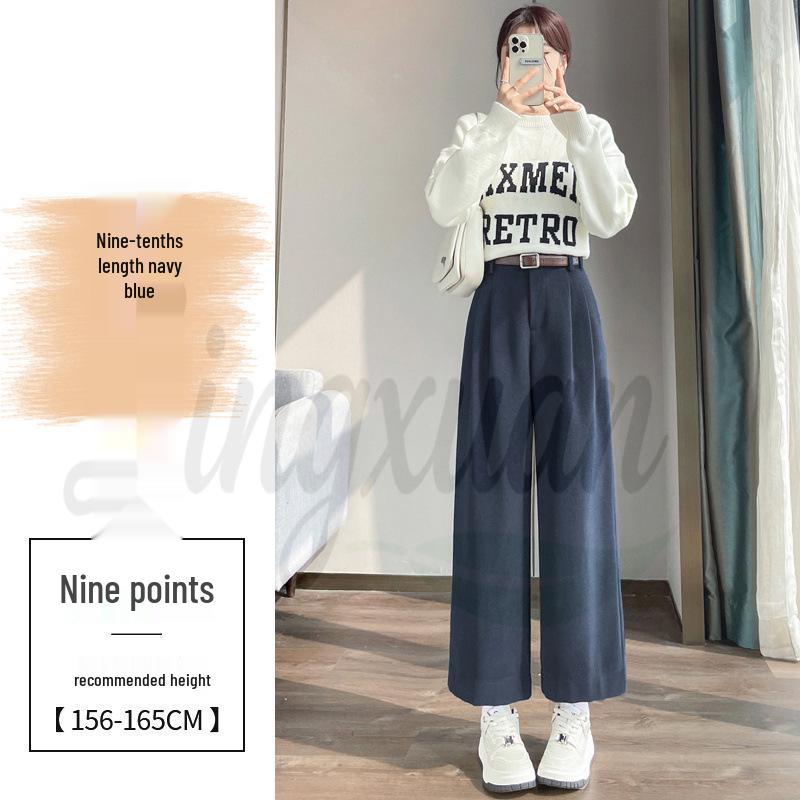 Real Shot 2026 Autumn/Winter Women's Plus Velvet High-Waisted Cropped Woolen Trousers - Straight, Narrow, or Wide Leg Styles