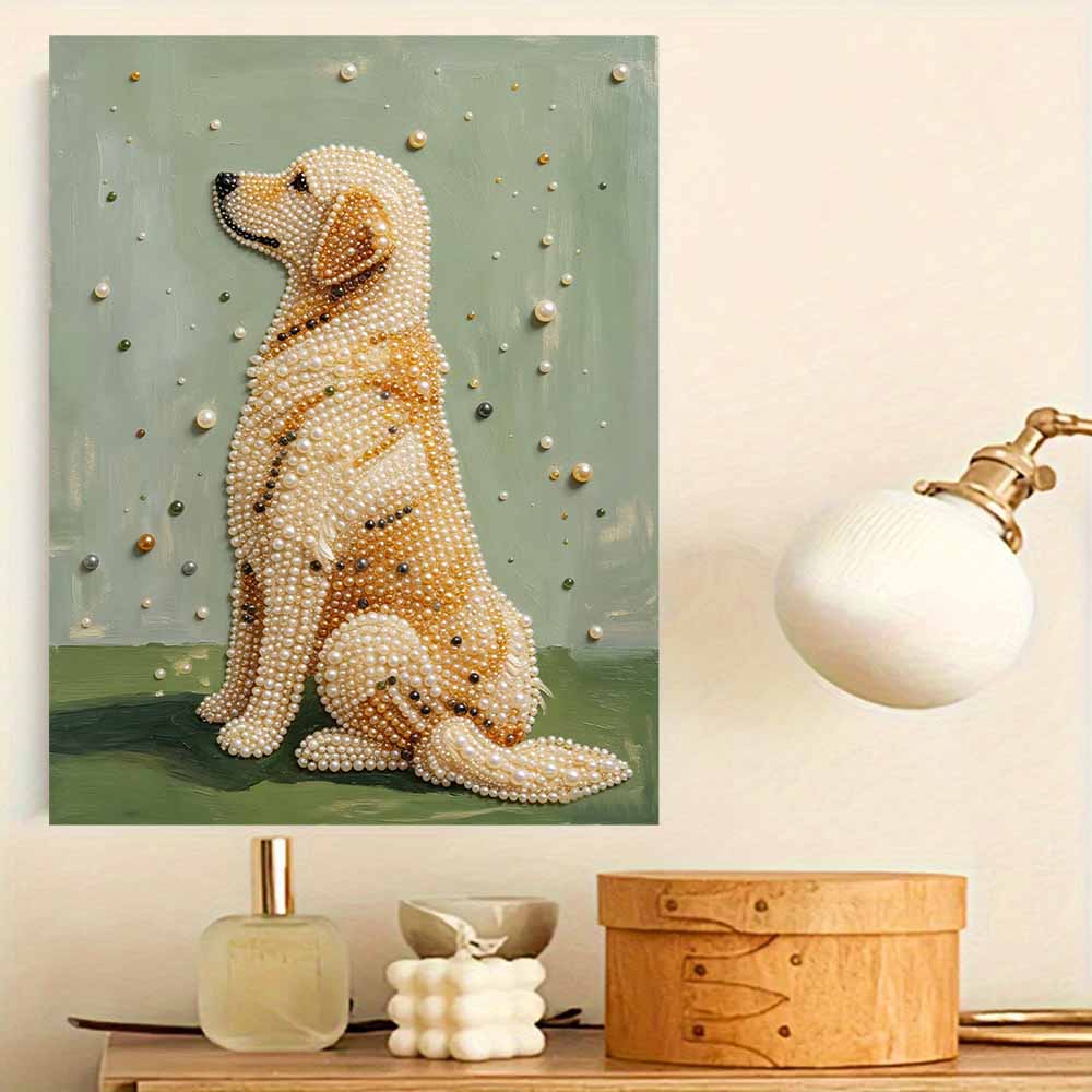 Golden Retriever Pearl Bead Art with Frame Modern Shiny Canvas Painting Minimalist Home Wall Decor Gift for Dog Lovers Aesthetic Wall Art