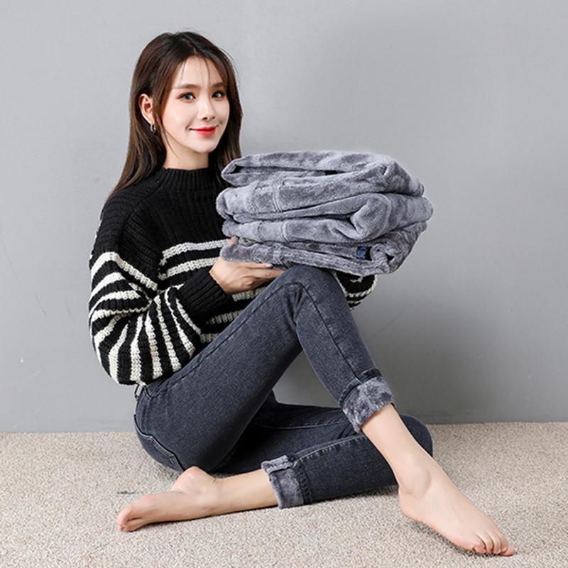 Moda coreeană de iarnă din catifea groasă pentru femei, blugi skinny cu talie înaltă, fleece simpli, calduri, slim fit stretch, pantaloni casual de denim pentru femei