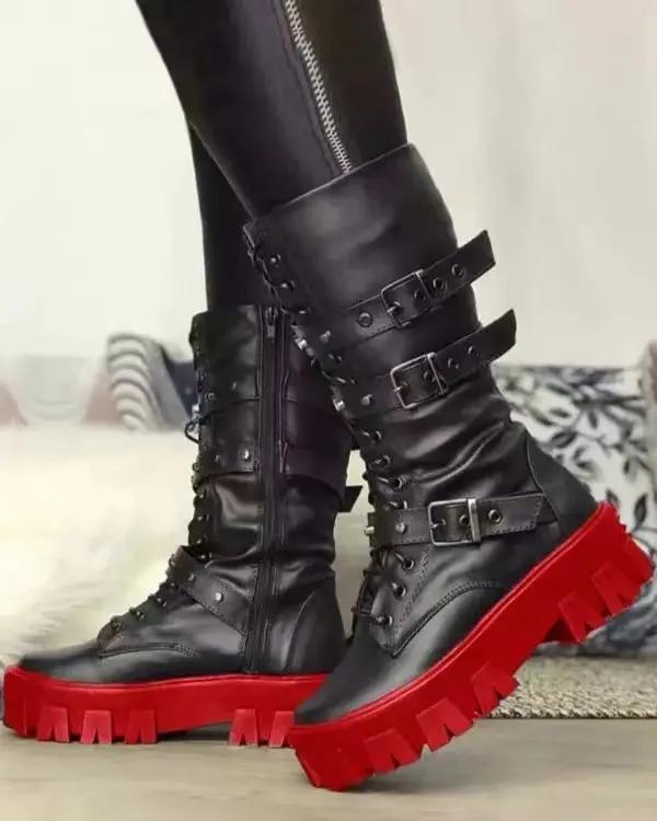 Damskor Ny Mode Stövlar med Korsband Sidozipp Moderna Stövlar Dam Högkvalitativt Spänne Mid-Calf Stövlar