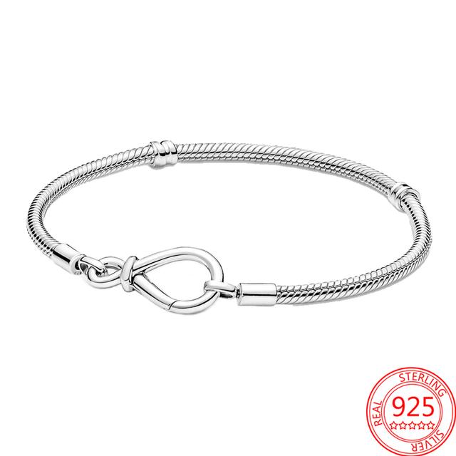 

Подлинный браслет из стерлингового серебра 925 пробы с бесконечным завязанным сердечком в форме буквы T, браслет-змея для свадебной вечеринки, для девушек, ювелирные украшения 17cm