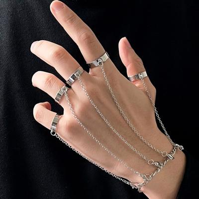 Women Hand Chain Punk Style Five Rings Solid Color Wrist Chain Ring Unisex Charm Hip Hop Chain Open Rings Set Couple Jewelry