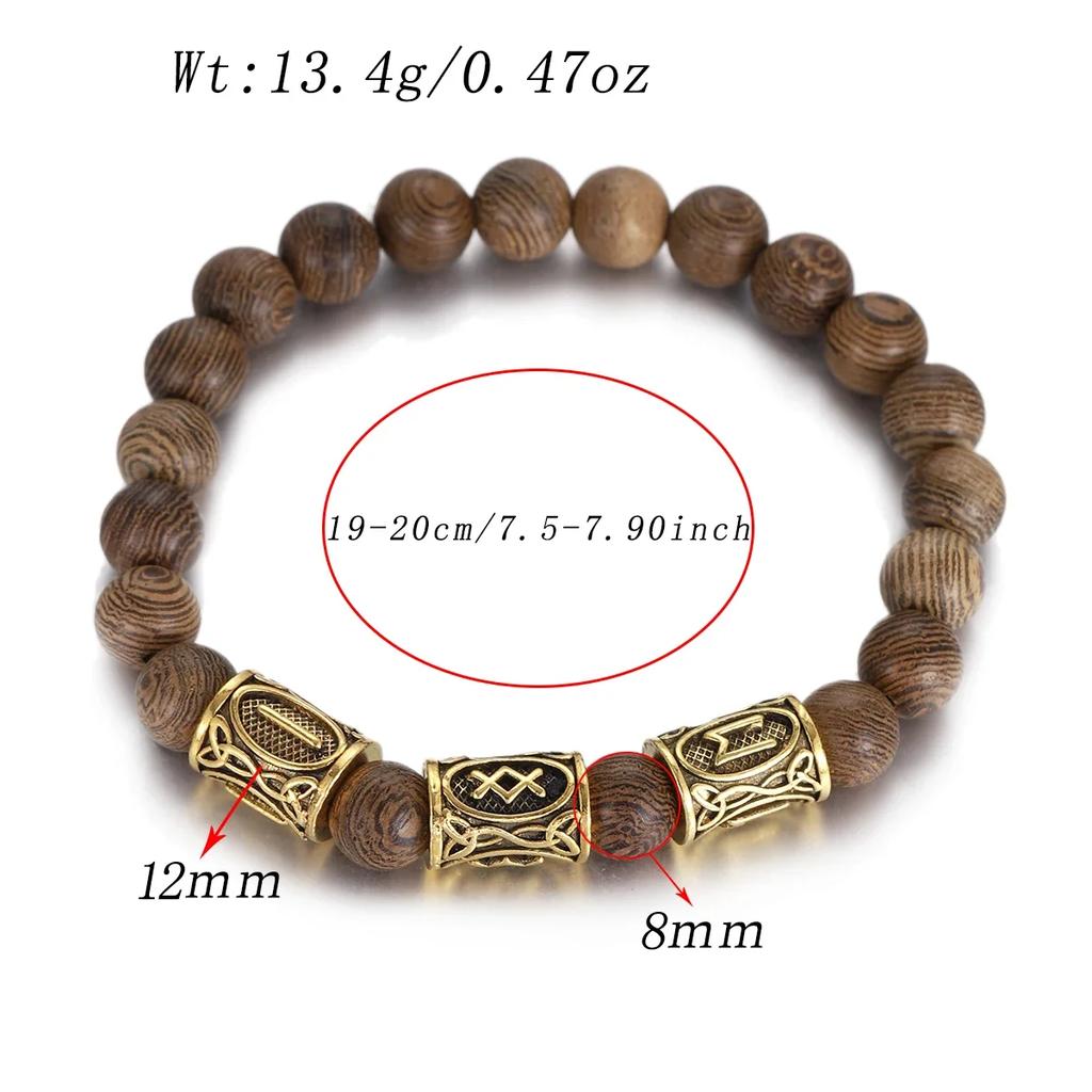 Classic Gold Vikings Runes Bracelet 8Mm Lava Stone Handmade Elastic Jewelry for Women Men