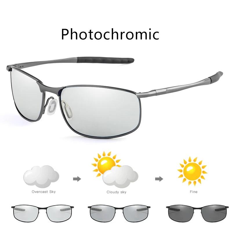 Lunettes de soleil photochromiques polarisées pour hommes Lunettes carrées en métal pour hommes Lunettes de soleil de conduite UV400 Lunettes de cyclisme pour sports de plein air